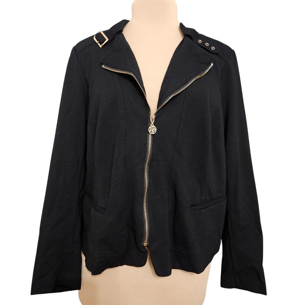 Torrid Womens Black Knit Moto Jacket Gold Rose Zip‎ Buckle Detail Plus Size 2 XL